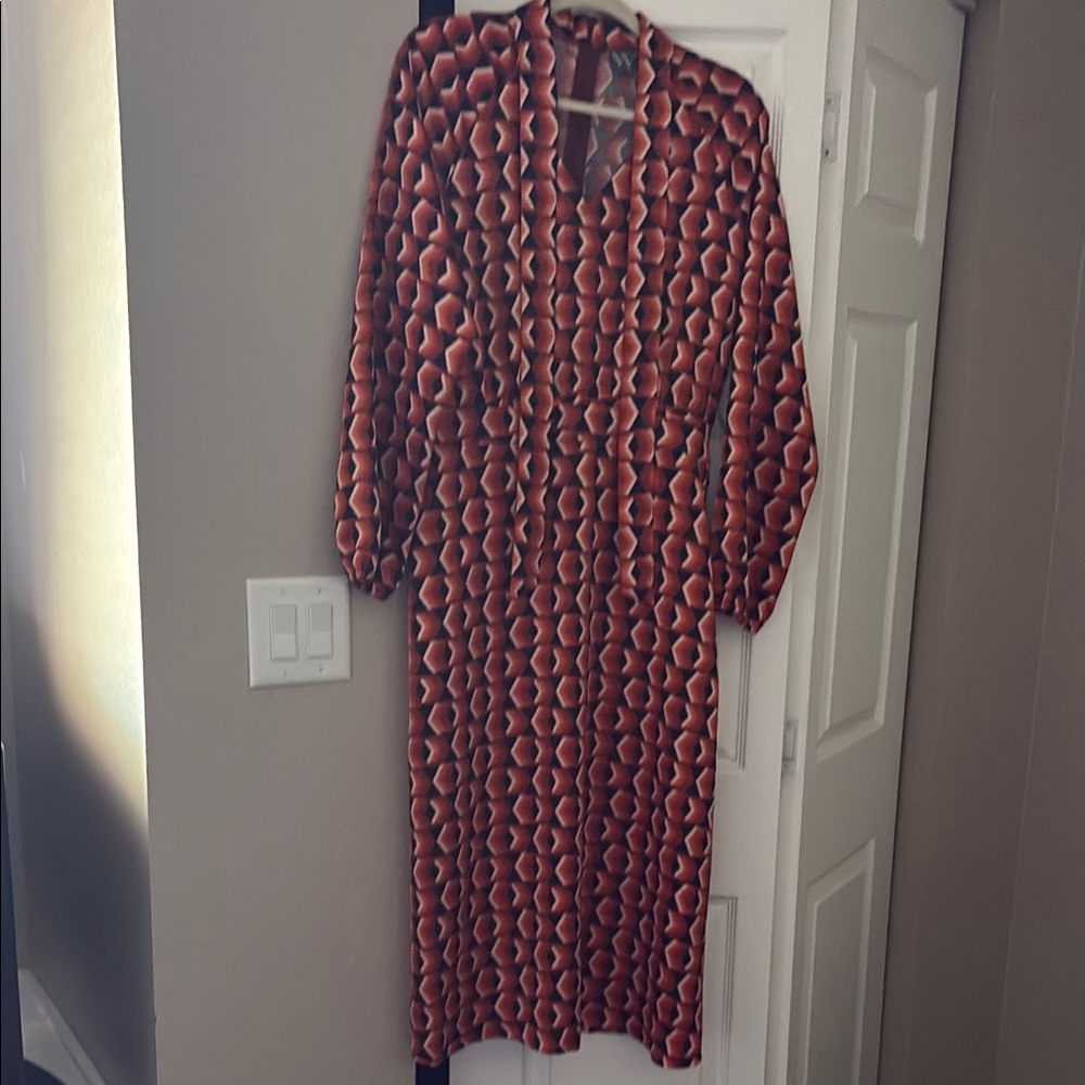 Worthington Red and White Long Sleeve Gown with Plunge Neckline